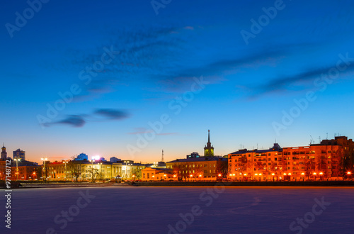 sunset glow of the night and in the winter over the center of Yekaterinburg