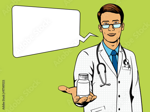 Doctor holding vial with pills pop art vector