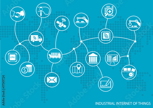 Industrial internet of things (IOT) concept. World map of connected value chain of goods including business process automation