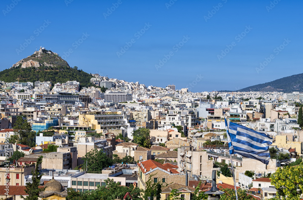 View to Athens city from Plaka neighborhood, Greece