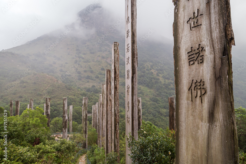 Obraz premium Chinese writings on wooden steles of Wisdom Path at the Lantau Island in Hong Kong, China.