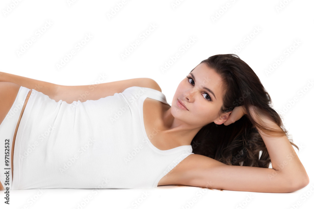 Young beautiful woman in cotton underwear on white background Young beautiful woman in cotton underwear on white background
