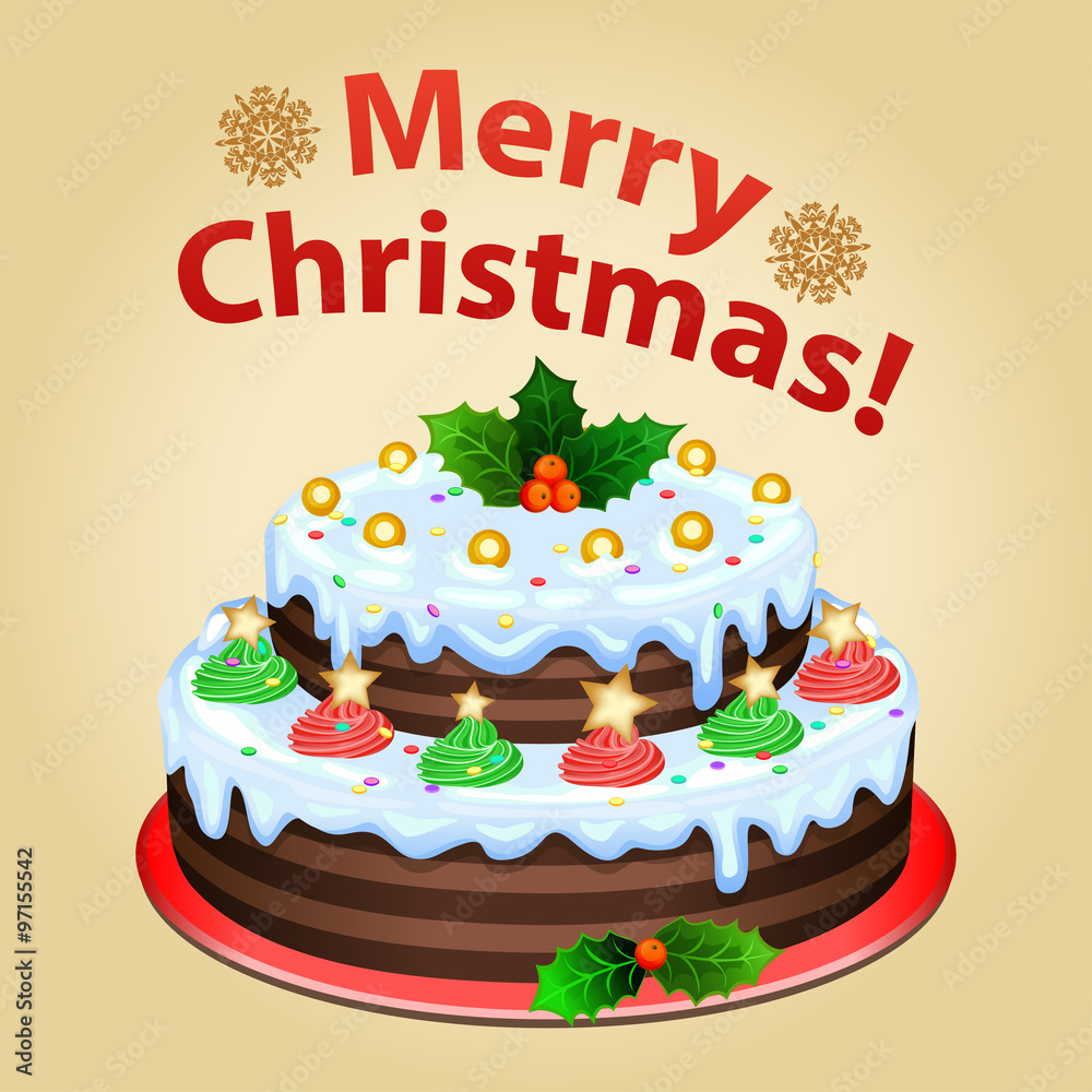 Christmas cake on platter with Christmas decorations