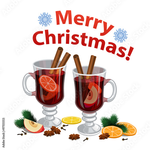 Christmas mulled wine with spices, orange slice, anise 