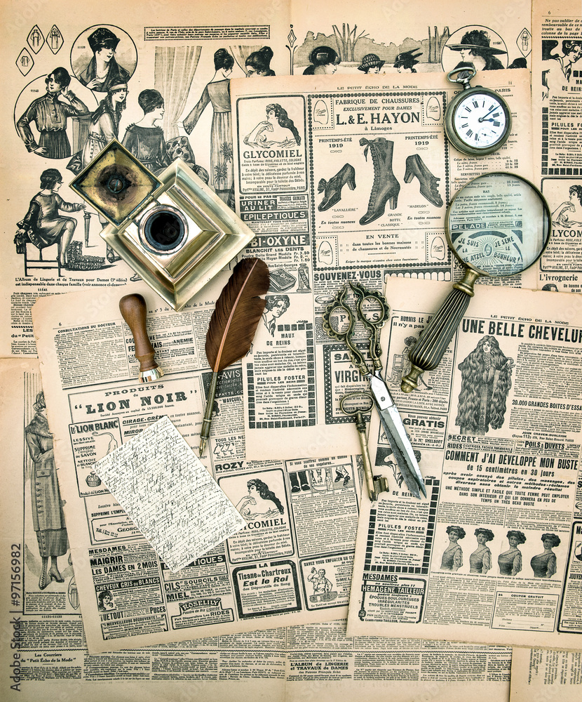 Vintage accessories and writing tools, old fashion magazine Stock Photo