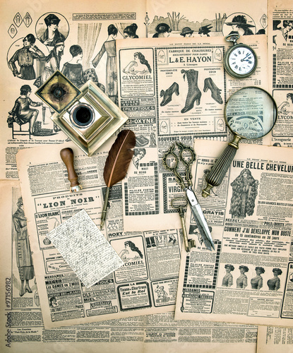 Vintage accessories and writing tools, old fashion magazine