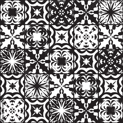 Vector seamless patchwork pattern Oriental ornaments, square sockets of stylized flowers and leaves. Decorative geometric textile print