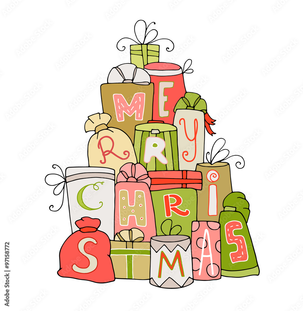 Сute doodle gifts boxes for your winter congratulation - Merry Christmas. A  huge pile of cartoon Christmas presents with letters, bow, ribbon. Hand  drawn vector isolated on white. Stock Vector | Adobe Stock