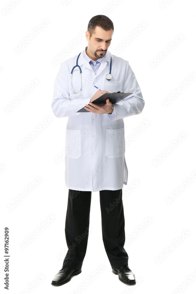 Portrait of a doctor with prescription board in hands isolated on white background Portrait of a doctor with prescription board in hands isolated on white background