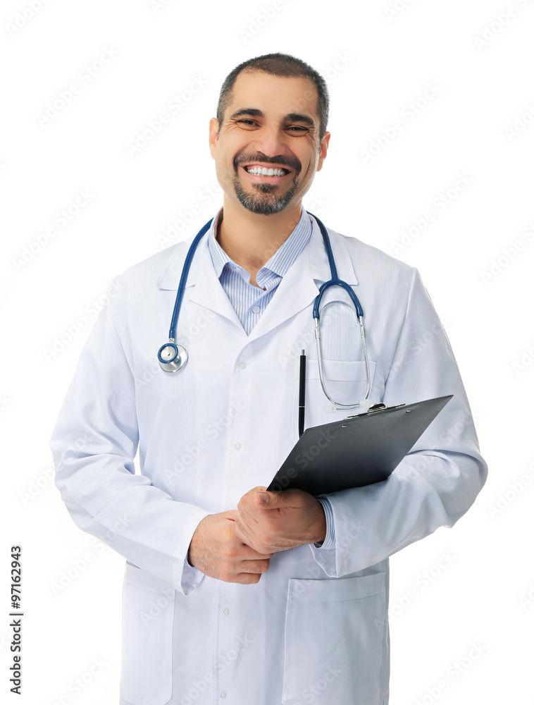 Portrait of a doctor with prescription board in hands isolated on white background Portrait of a doctor with prescription board in hands isolated on white background