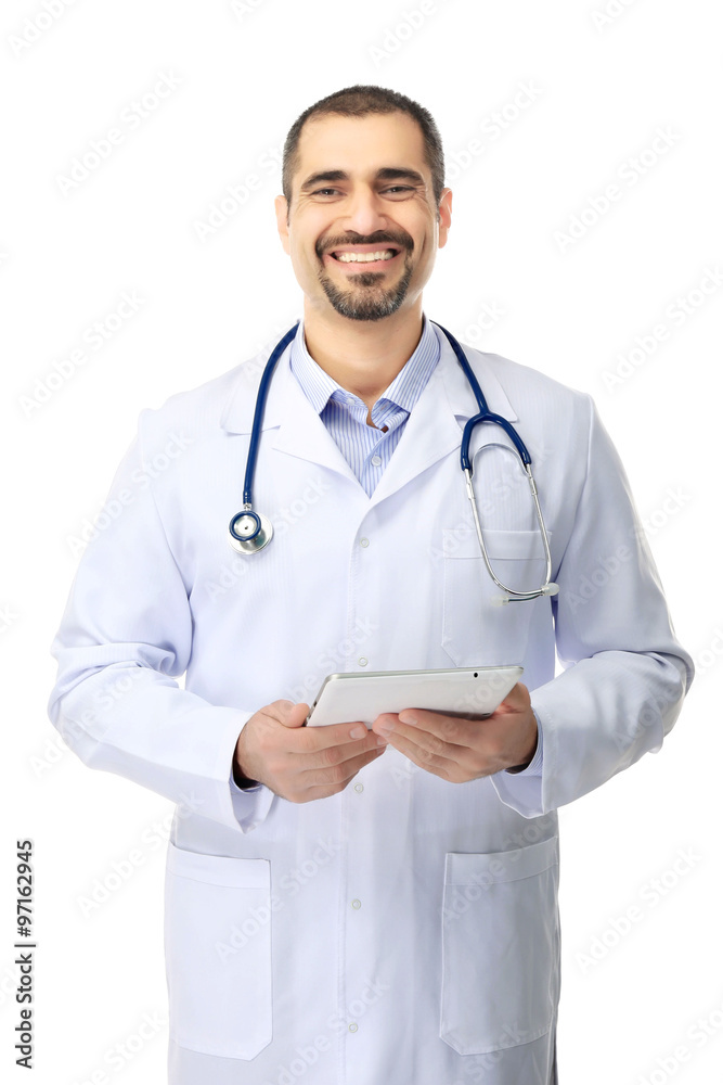 Portrait of a doctor with tablet in hands isolated on white background Portrait of a doctor with tablet in hands isolated on white background