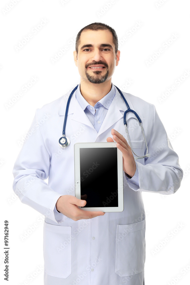 Portrait of a doctor with tablet in hands isolated on white background Portrait of a doctor with tablet in hands isolated on white background