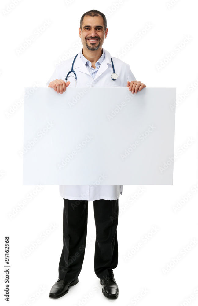 Doctor holds big white board in hands isolated on white background Doctor holds big white board in hands isolated on white background