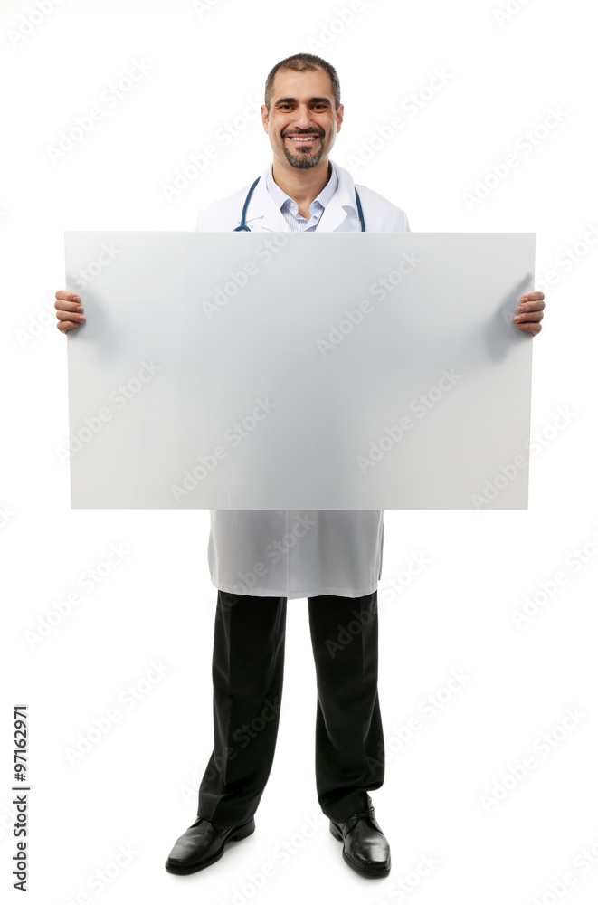 Doctor holds big white board in hands isolated on white background Doctor holds big white board in hands isolated on white background