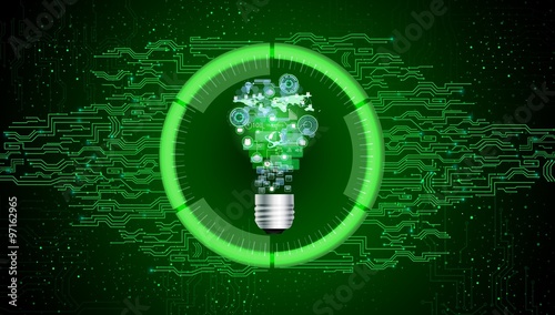 Light bulb on green abstract technology background
