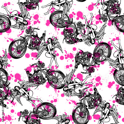 バイクと女神を総柄に