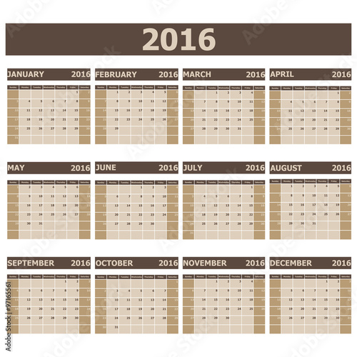 2016 Calendar week starts from Sunday