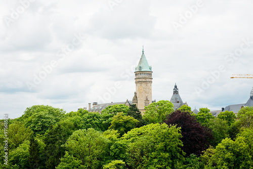 Luxembourg sight - castle tower with clock and blue sky