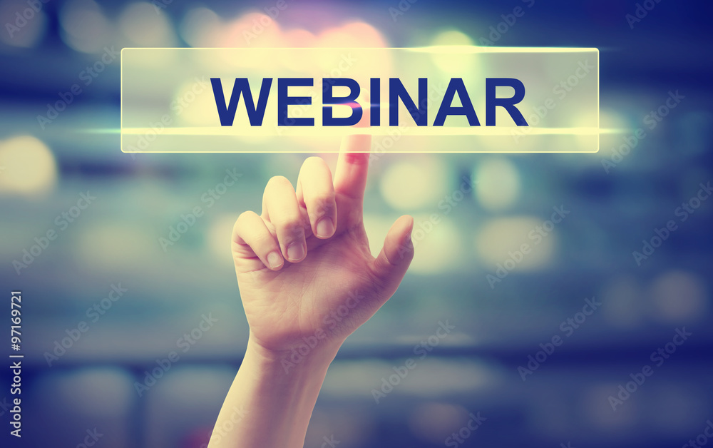 Webinar concept with hand pressing a button Webinar concept with hand pressing a button