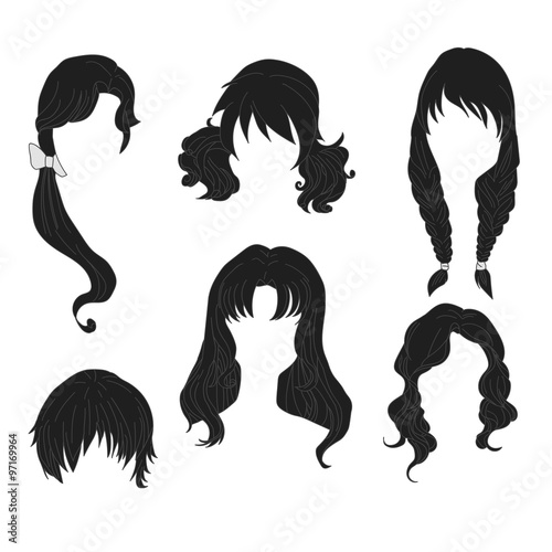 Hair styling for woman drawing Black Set 4. illustration isolated on white Background