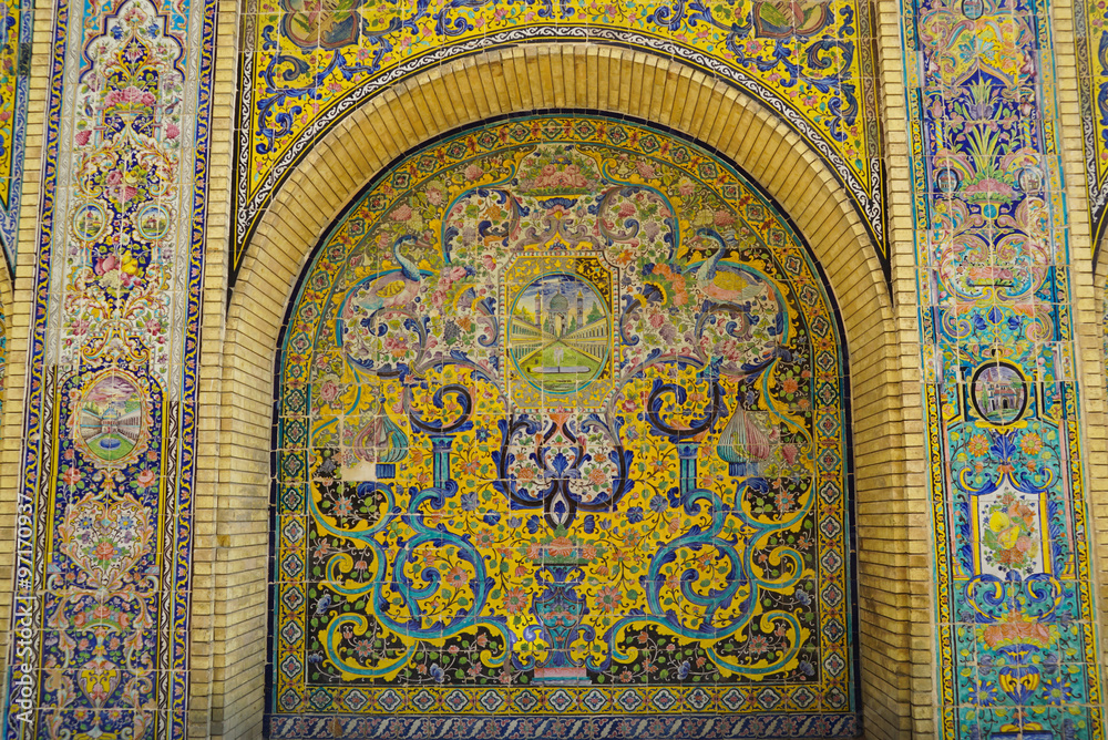 Beautiful ceramic tile wall of Golestan Palace, Iran.