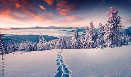 Foggy winter sunrise in the snowy mountain photo