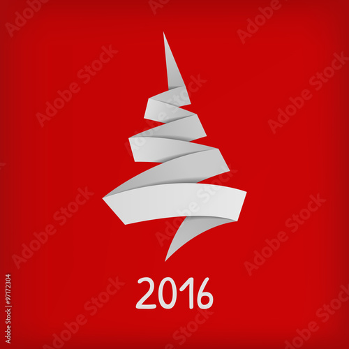 Stylized origami Christmas tree on red background.