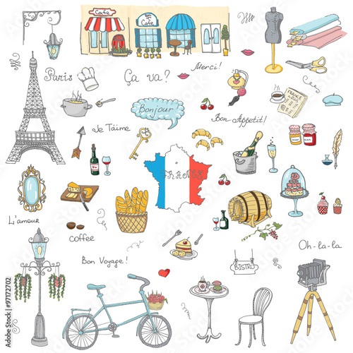 Set of hand drawn French icons, Paris sketch illustration, doodle elements, Isolated national elements made in vector. Travel to France icons for cards and web pages, Paris symbols collection