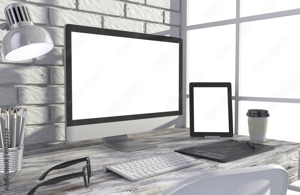 Fototapeta premium 3D illustration PC screen on table in office, Workspace