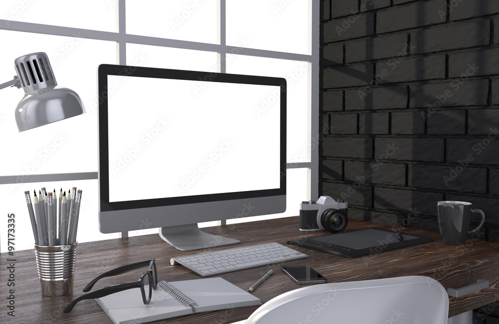 Fototapeta premium 3D illustration PC screen on table in office, Workspace