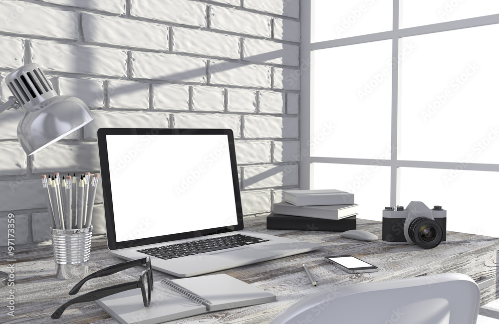 Fototapeta premium 3D illustration laptop and work stuff on table near brick wall, Workspace