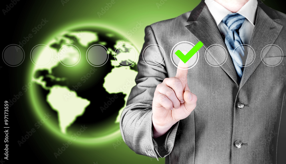 business man touching, pressing modern button with green ticking Check Box business man touching, pressing modern button with green ticking Check Box