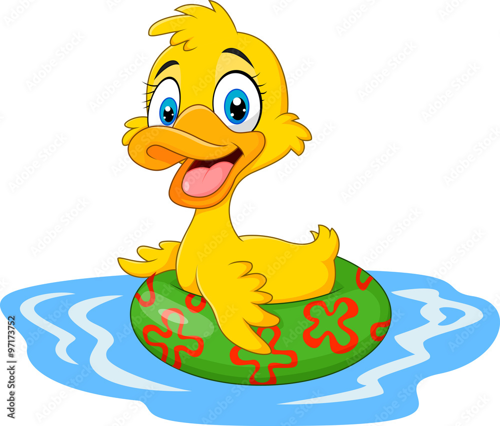 Fototapeta premium Cartoon funny duck floating with inflatable ring