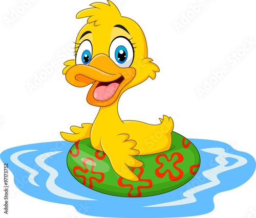 Cartoon funny duck floating with inflatable ring