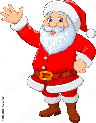 Cartoon funny Santa waving hand isolated on white background