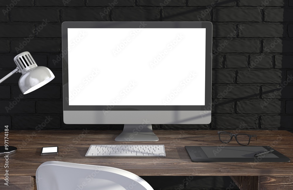 3D illustration PC screen on table in office, Workspace