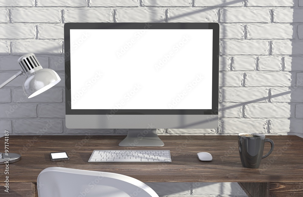 3D illustration PC screen on table in office, Workspace 3D illustration PC screen on table in office, Workspace