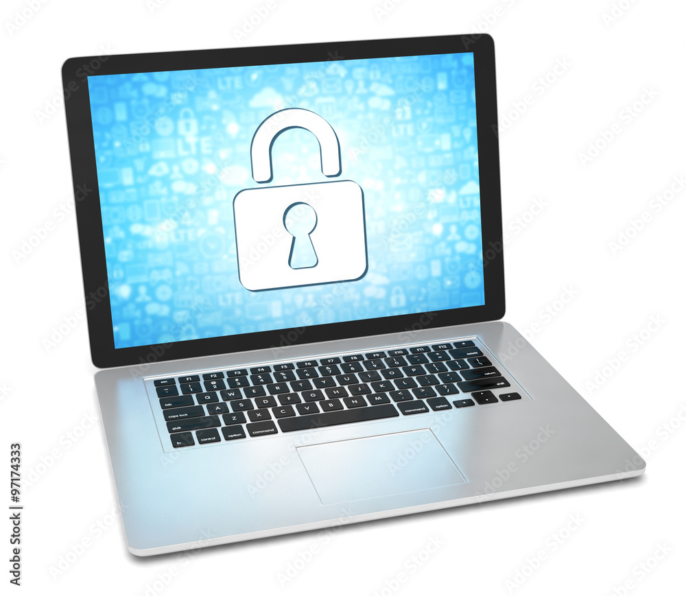 3d rendering of a laptop with security concept 3d rendering of a laptop with security concept