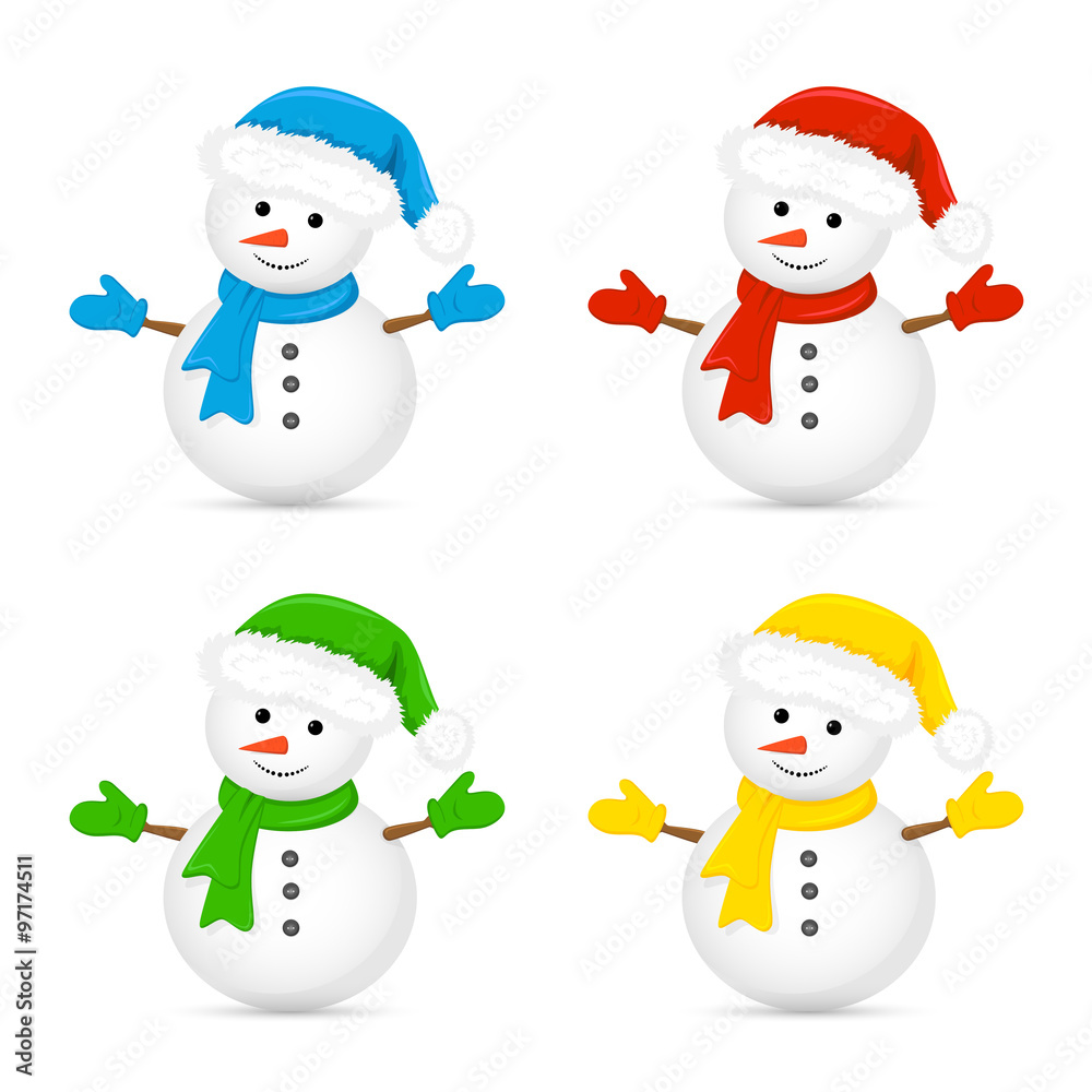 Snowmen in colorful hats and scarves