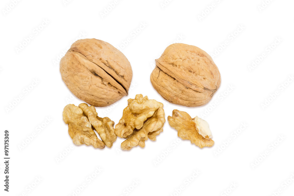 Several walnuts on a white background