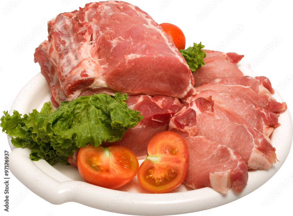 white plate containing raw meat with white streaks of fat, lettuce leaves and cherry tomatoes on the side white plate containing raw meat with white streaks of fat, lettuce leaves and cherry tomatoes on the side