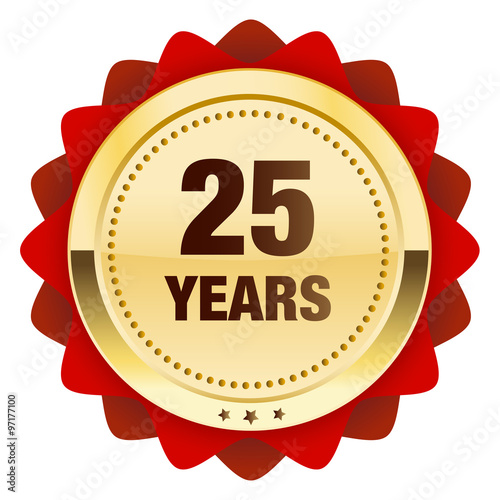 25 years seal or icon. Glossy golden seal or button with stars and red color.