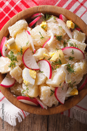 potato salad with radish close-up in a bowl. Vertical top view 
