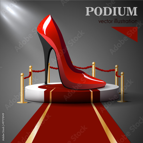 Red shoes with heels standing on the podium