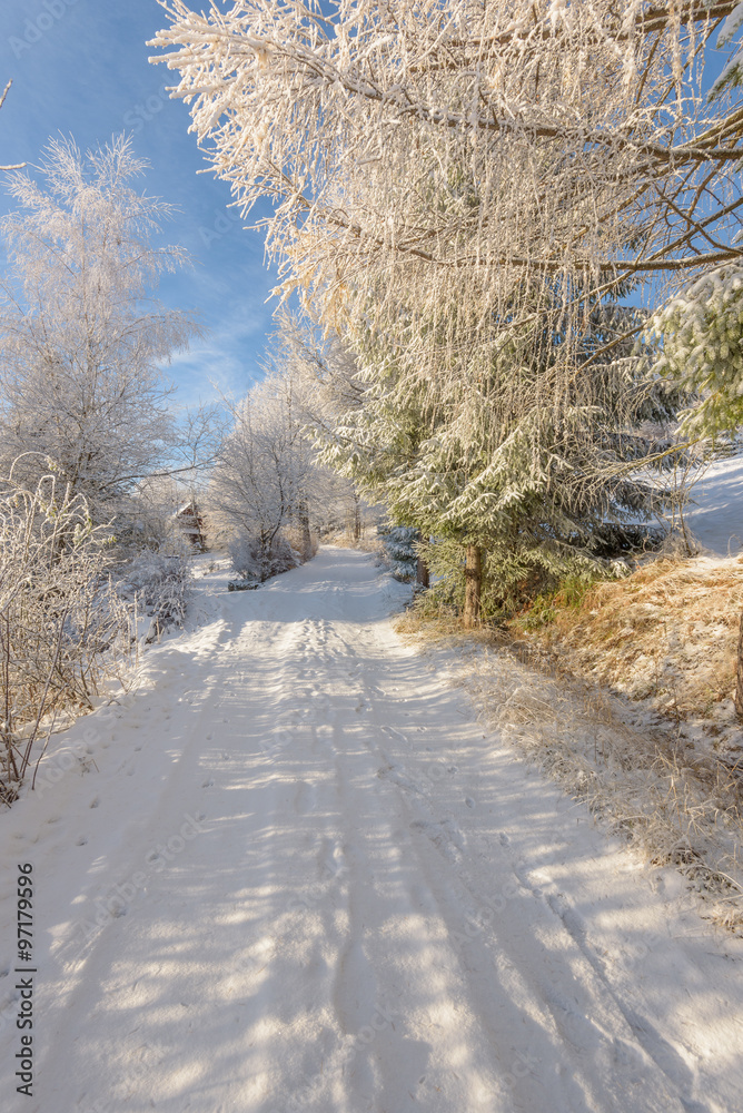 Snows road in the mountains on a sunny and cold day Snows road in the mountains on a sunny and cold day