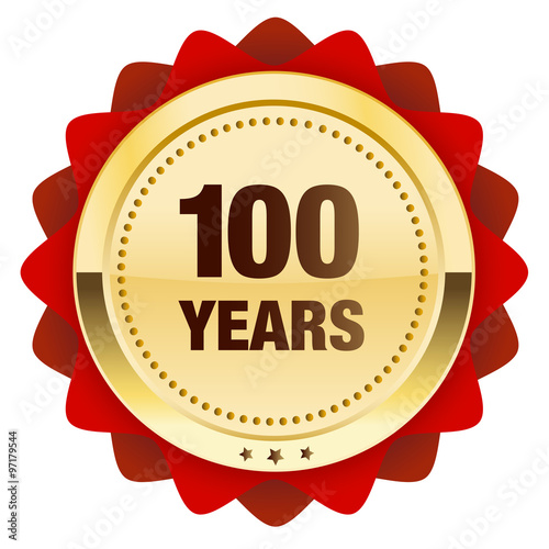 100 years seal or icon. Glossy golden seal or button with stars and red color.