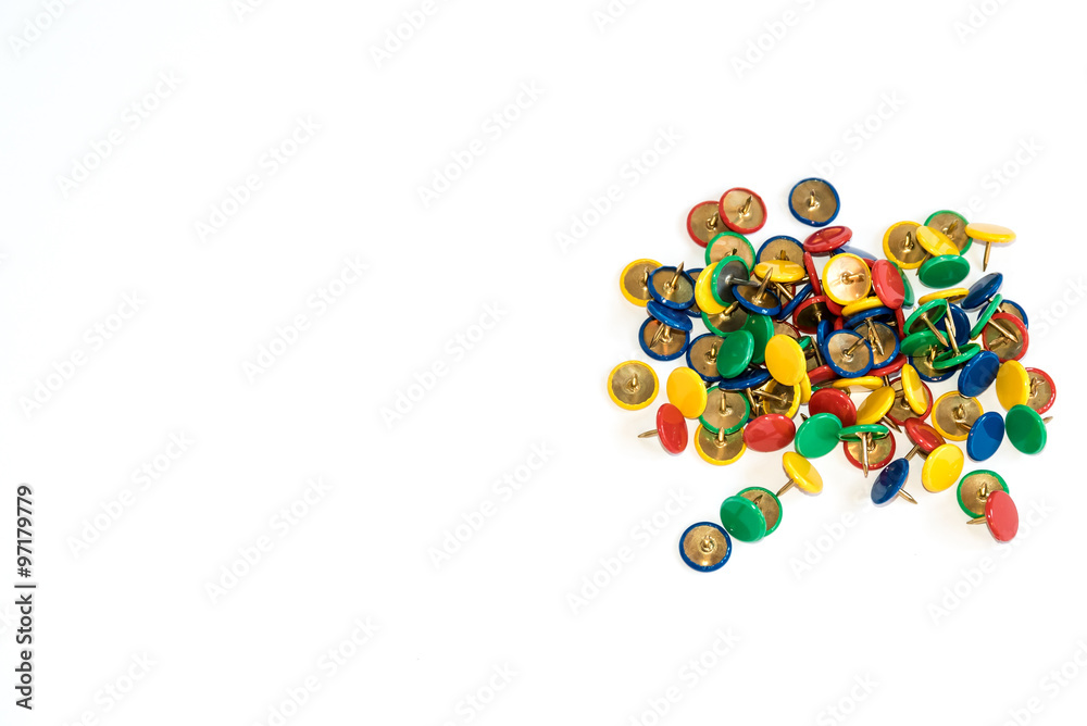 Set of push pins in different colors isolated on white background. Set of push pins in different colors isolated on white background.