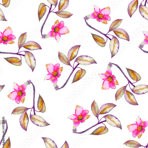 A seamless pattern with the watercolor crimson and scarlet small exotic flowers, hibiscus painted on a white background
