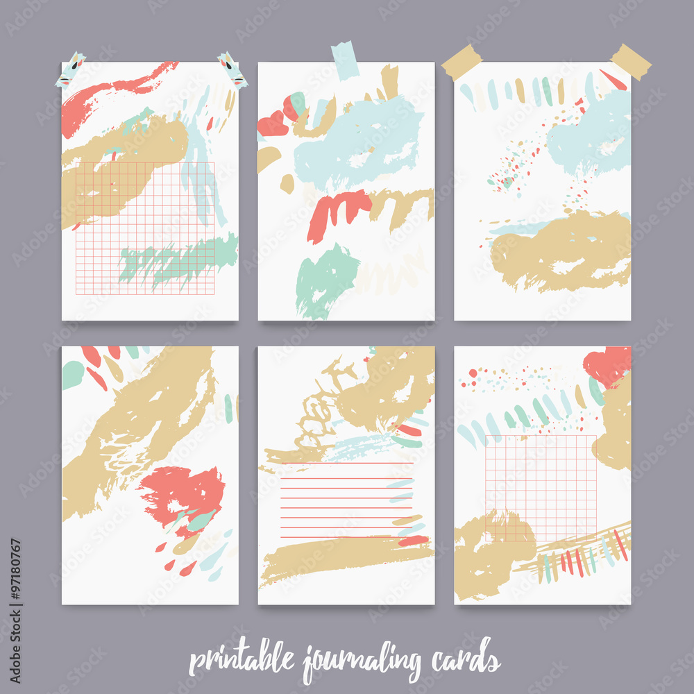 Set  of printable journaling cards for scrapbook, planner, diary with ink grunge stains.