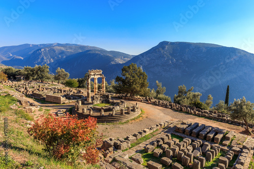ruins Athina Pronaia temple in Ancient Delphi, Greece, Europe photo